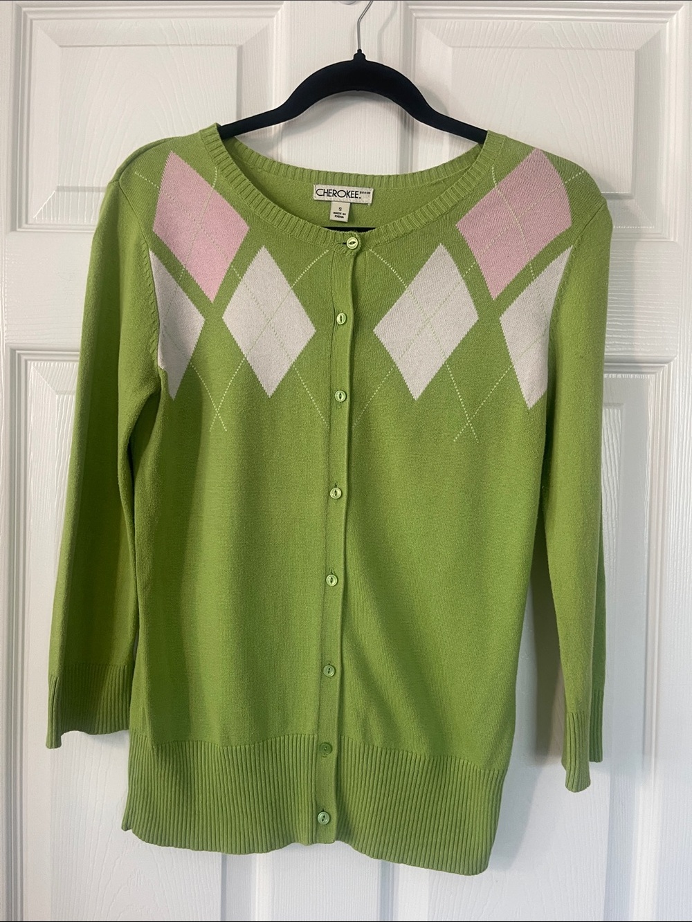 Cherokee Lime Green Argyle Button-Front Cardigan